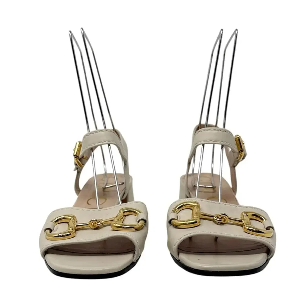 Gucci Baby Horsebit Leather Low Block Heel Sandals Mystic White Ivory Size 37.5